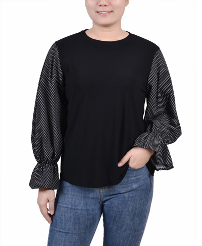 NY COLLECTION PETITE LONG SLEEVE TOP WITH PRINTED SLEEVES