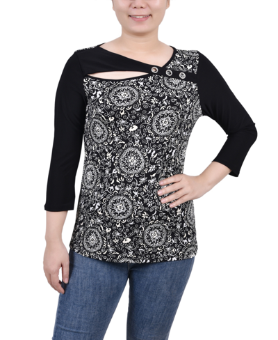 NY COLLECTION PETITE 3/4 SLEEVE PUFF PRINT CUTOUT TOP