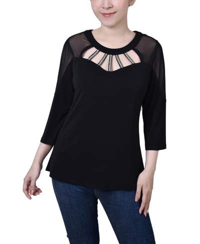 NY COLLECTION PETITE 3/4 SLEEVE TOP WITH NECKLINE CUTOUTS AND STONES
