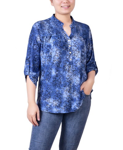 NY COLLECTION PETITE 3/4 ROLL TAB SLEEVE SMOCKED-YOKE TOP