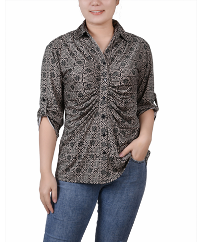 NY COLLECTION PETITE 3/4 ROLL TAB ROUCHED-FRONT TOP