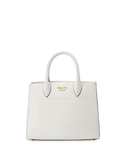 PRADA BIBLIOTHEQUE SMALL SAFFIANO TOTE BAG, WHITE/BLACK (BIANCO+NERO)