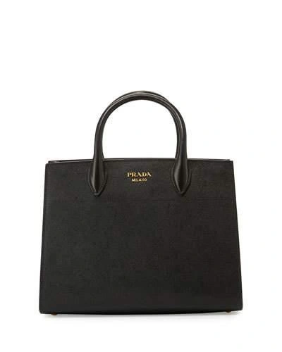 PRADA BIBLIOTHEQUE MEDIUM SAFFIANO TOP-HANDLE TOTE BAG, BLACK/WHITE (NERO+BIANCO)