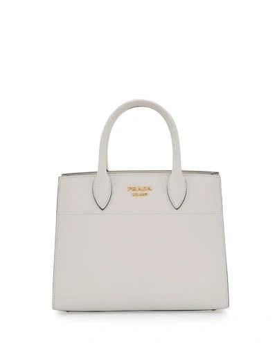 PRADA CITY CALF + WATERSNAKE BIBLIOTHèQUE SMALL TOTE BAG, WHITE (BIANCO)
