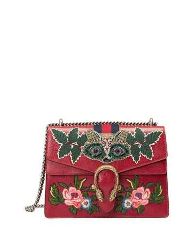 GUCCI DIONYSUS MEDIUM RACCOON-EMBROIDERED SHOULDER BAG, RED/MULTI
