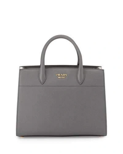 PRADA BIBLIOTHEQUE MEDIUM SAFFIANO TOP-HANDLE TOTE BAG, DARK GRAY/WHITE (MECURIO/TALCO)