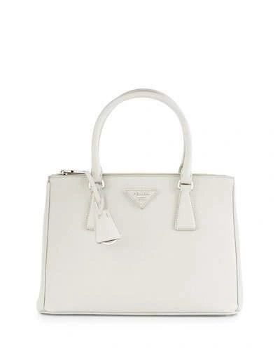 PRADA SAFFIANO LUX SMALL DOUBLE-ZIP TOTE BAG, WHITE (TALCO)