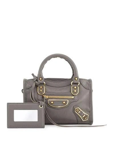 BALENCIAGA CLASSIC METALLIC EDGE NANO CITY AJ CROSSBODY BAG, DARK GRAY (GRIS ACIER)