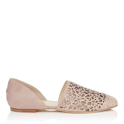 JIMMY CHOO GLOBE FLAT Ballet Pink Laser Perforated Suede Flats with Hotfix Crystals