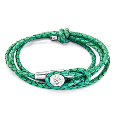 ANCHOR & CREW MEN'S SILVER / GREEN FERN GREEN DUNDEE SILVER & BRAIDED LEATHER BRACELET