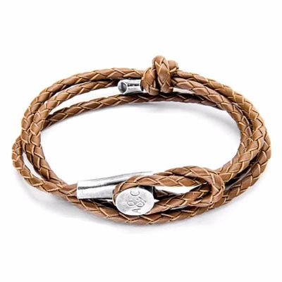 ANCHOR & CREW MEN'S SILVER / BROWN LIGHT BROWN DUNDEE SILVER & BRAIDED LEATHER BRACELET