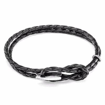 ANCHOR & CREW MEN'S BLACK / SILVER COAL BLACK PADSTOW SILVER & BRAIDED LEATHER BRACELET