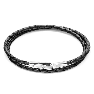 ANCHOR & CREW MEN'S SILVER / BLACK COAL BLACK LIVERPOOL SILVER & BRAIDED LEATHER BRACELET