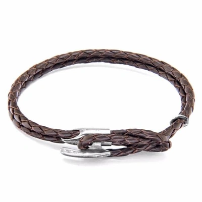 ANCHOR & CREW MEN'S BROWN / SILVER DARK BROWN PADSTOW SILVER & BRAIDED LEATHER BRACELET