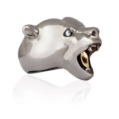 GUCCI MEN'S SILVER BEAR RING BLACK RHODIUM