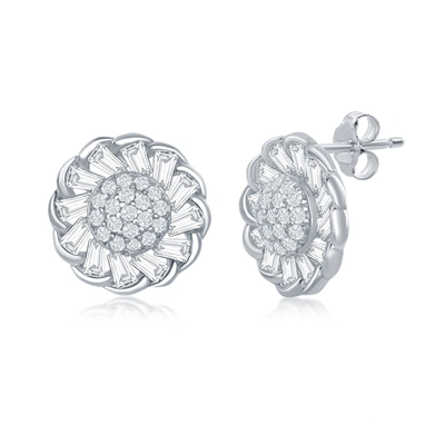 SIMONA STERLING SILVER MICRO PAVE CENTER & BAGUETTE CZ BORDER FLOWER DESIGN STUD EARRINGS
