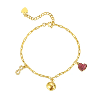 RACHEL GLAUBER RA 14K YELLOW GOLD PLATED WITH RUBY & DIAMOND CUBIC ZIRCONIA HEART, COWBELL, AND INFINITY DANGLE CHA