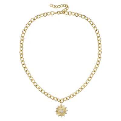 RACHEL GLAUBER RG 14K GOLD PLATED WITH DIAMOND CUBIC ZIRCONIA VINTAGE SHIELD SUNSHINE PENDANT CURB CHAIN ADJUSTABLE