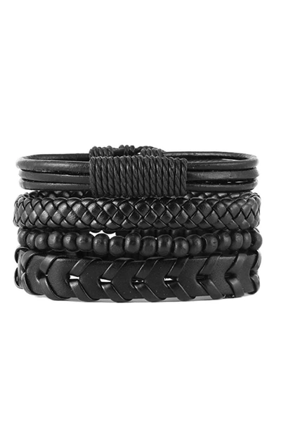 STEPHEN OLIVER SET OF 4 BLACK LEATHER WOVEN BRACELETS