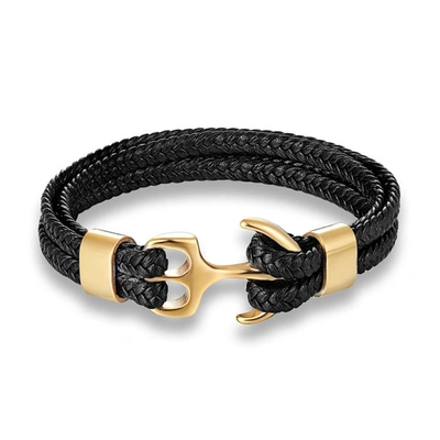 STEPHEN OLIVER 18K GOLD MULTI ROW BLACK LEATHER ANCHOR BRACELET