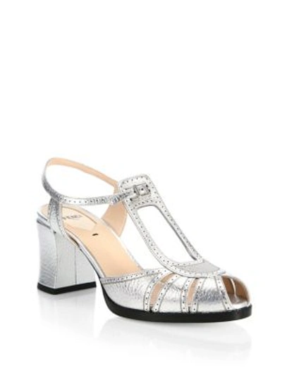 FENDI Chameleon Metallic Leather Block Heel Sandals