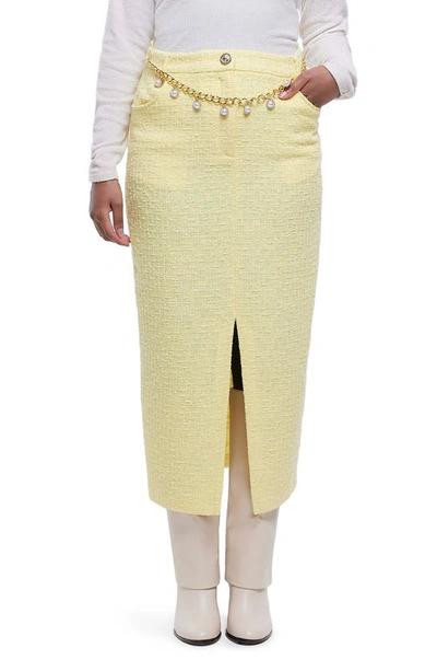 RIVER ISLAND IMITATION PEARL BELT COTTON BLEND BOUCLÉ PENCIL SKIRT