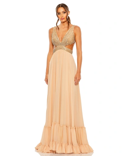 MAC DUGGAL BEIGE LACE UP RHINESTONE EMBELLISHED CUT OUT GOWN