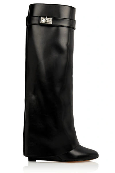 GIVENCHY Shark Lock Wedge Knee Boots In Black Leather