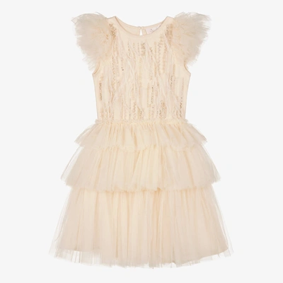 TUTU DU MONDE TUTU DU MONDE GIRLS BEIGE BEADS & FEATHERS TULLE DRESS