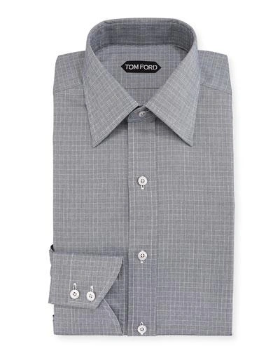 TOM FORD TATTERSALL COTTON DRESS SHIRT, BLUE