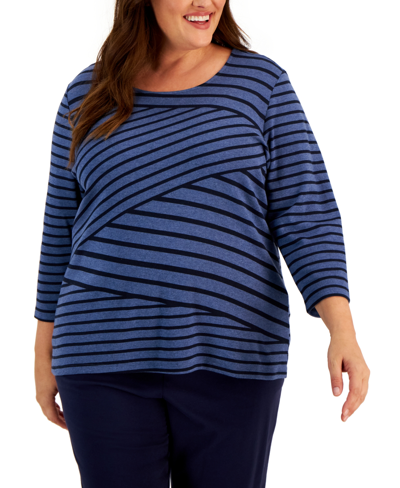 KAREN SCOTT PLUS SIZE 3/4-SLEEVE STRIPED TOP, CREATED FOR MACY'S