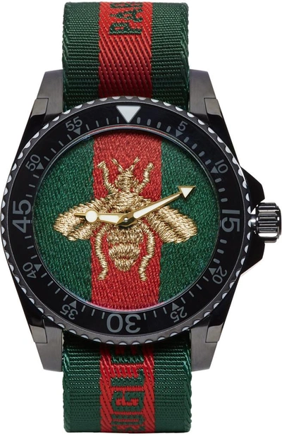 GUCCI GREEN AND RED WEB BEE DIVE WATCH