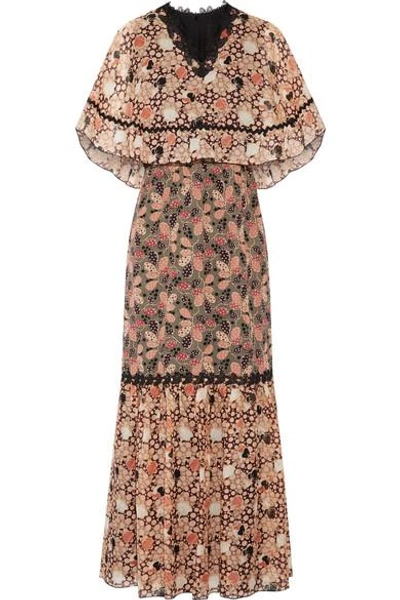 ANNA SUI EMBELLISHED PRINTED SILK-CHIFFON AND COTTON-BLEND VOILE MAXI DRESS