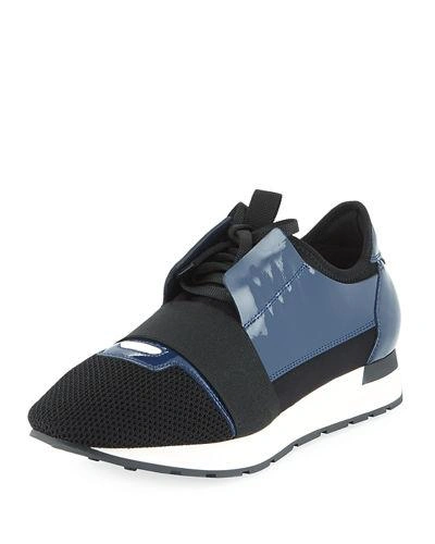 BALENCIAGA MEN'S PATENT RACE RUNNER MESH & LEATHER SNEAKER