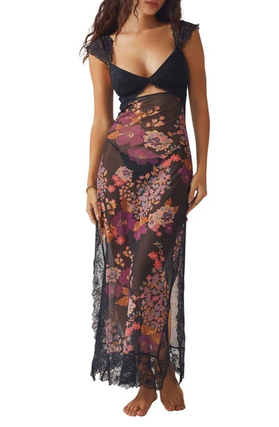 FREE PEOPLE FREE PEOPLE SUDDENLY FINE FLORAL PRINT CUTOUT LACE TRIM NIGHTGOWN