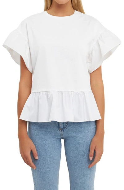 ENGLISH FACTORY ENGLISH FACTORY MIXED MEDIA FLUTTER SLEEVE PEPLUM COTTON TOP