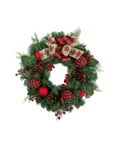 NORTHLIGHT PINE ARTIFICIAL CHRISTMAS WREATH WITH BOWS AND PLAID ORNAMENTS 24" UNLIT