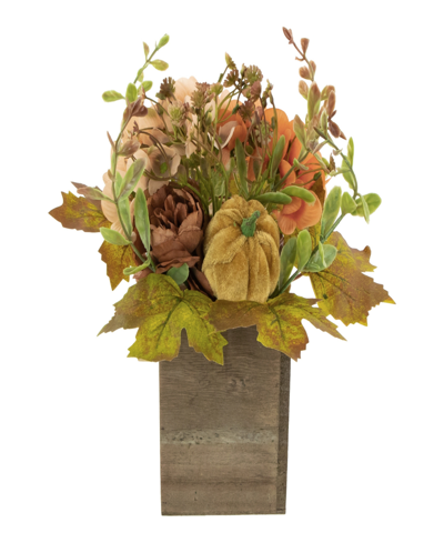 NORTHLIGHT 10" X 8" ORANGE FLORAL AND PUMPKIN WOODEN BOX FALL HARVEST TABLETOP DECORATION