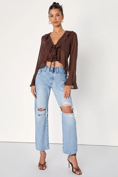 LULUS THRIVING FLIRT BROWN CHIFFON RUFFLED LONG SLEEVE TIE-FRONT TOP