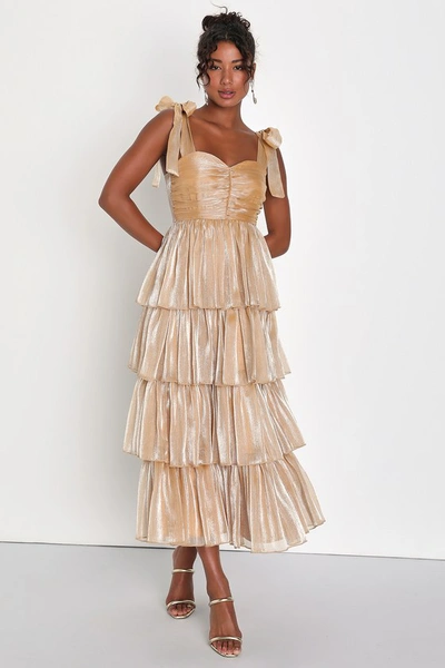 LULUS RADIANT ARRIVAL SHINY GOLD ORGANZA TIERED TIE-STRAP MAXI DRESS