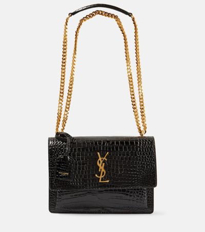 SAINT LAURENT SUNSET MEDIUM CROC-EFFECT LEATHER SHOULDER BAG