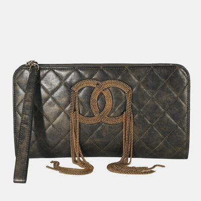 CHANEL BRONZE METALLIC QUILTED CALFSKIN CHAIN CC WRISTLET CLUTCH