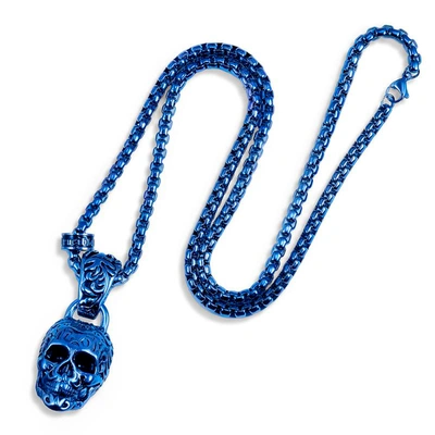 CRUCIBLE JEWELRY CRUCIBLE LOS ANGELES BLUE STAINLESS STEEL 35MM SKULL NECKLACE ON 28 INCH 5MM BOX CHAIN