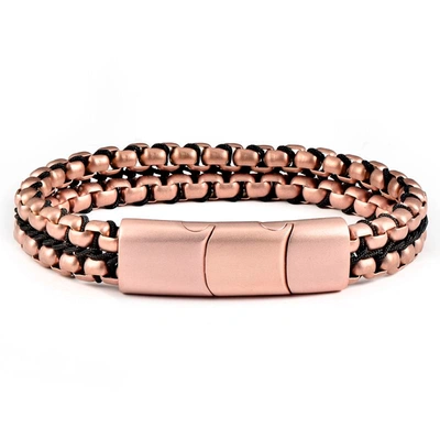 CRUCIBLE JEWELRY CRUCIBLE LOS ANGELES ROSE GOLD MATTE FINISH STAINLESS STEEL DOUBLE ROW BOX CHAIN BRACELET WITH BLACK