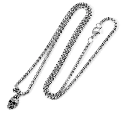 CRUCIBLE JEWELRY CRUCIBLE LOS ANGELES STAINLESS STEEL 12MM SKULL NECKLACE ON 24 INCH 3MM BOX CHAIN