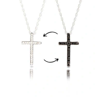 MAX + STONE STERLING SILVER DIAMOND REVERSIBLE WHITE & BLACK DIAMOND CROSS NECKLACE WITH ADJUSTABLE 18" OR 20" R