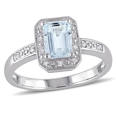 MIMI & MAX 1CT TGW EMERALD CUT AQUAMARINE AND DIAMOND ACCENT RING IN STERLING SILVER