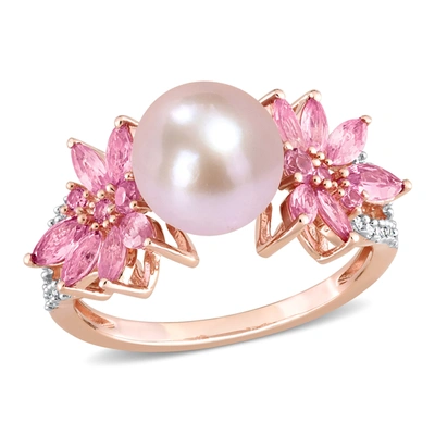 MIMI & MAX 9-9.5 MM CULTURED FRESHWATER PEARL AND 3/4 CT TGW PINK SAPPHIRE AND 1/8 CT TW DIAMOND FLOWER RING IN