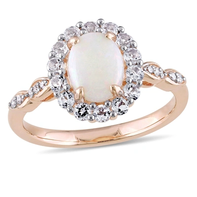 MIMI & MAX 1 1/2 CT TGW OVAL SHAPE OPAL, WHITE TOPAZ AND DIAMOND ACCENT VINTAGE RING IN 14K ROSE GOLD