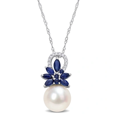 MIMI & MAX 9.5-10 MM CULTURED FRESHWATER PEARL AND 3/8 CT TGW SAPPHIRE AND ND DIAMOND ACCENT FLOWER PENDANT WIT
